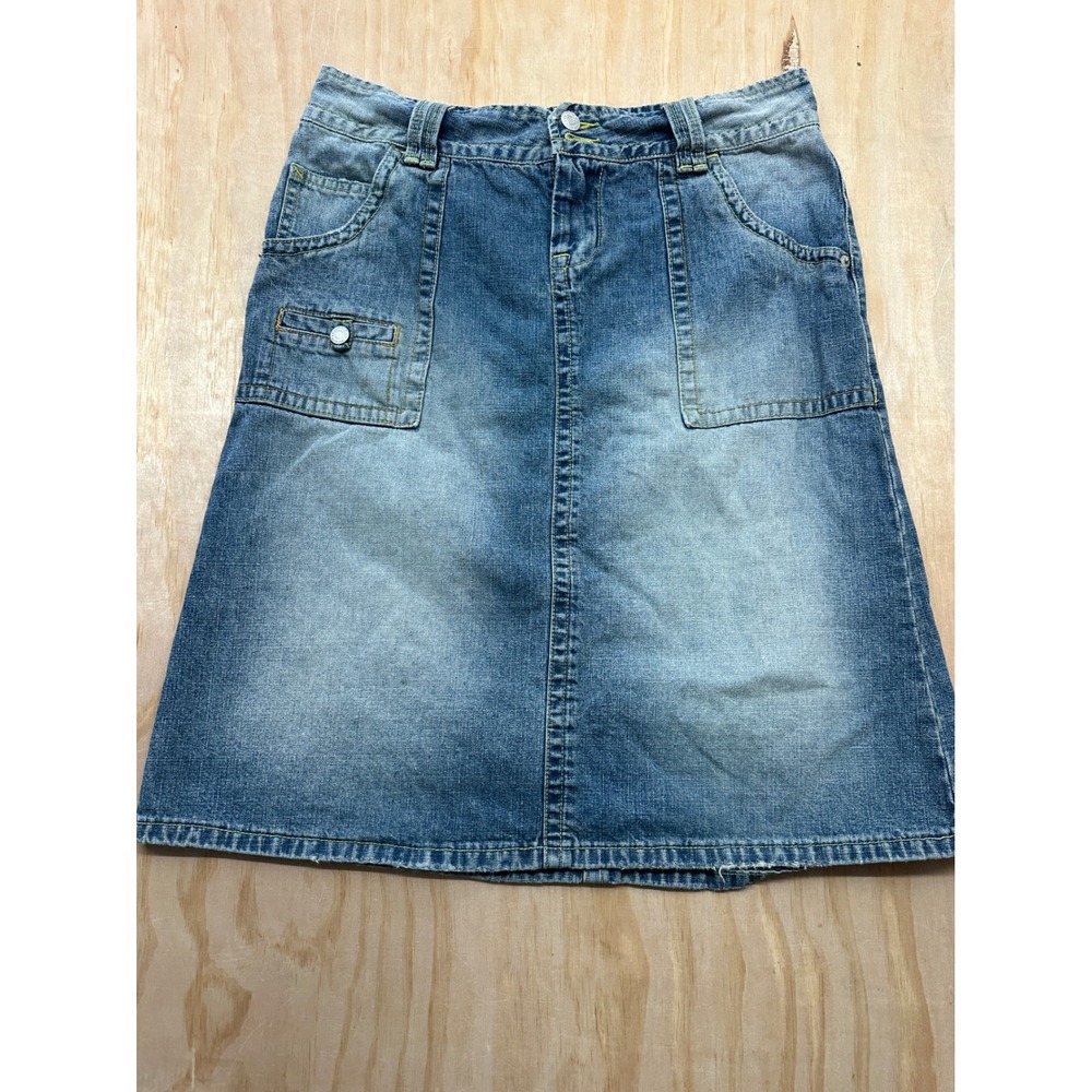 Unionbay Womens Blue Denim Midi Skirt Size 9 A-Line Cotton Faded Y2K 5-Pocket